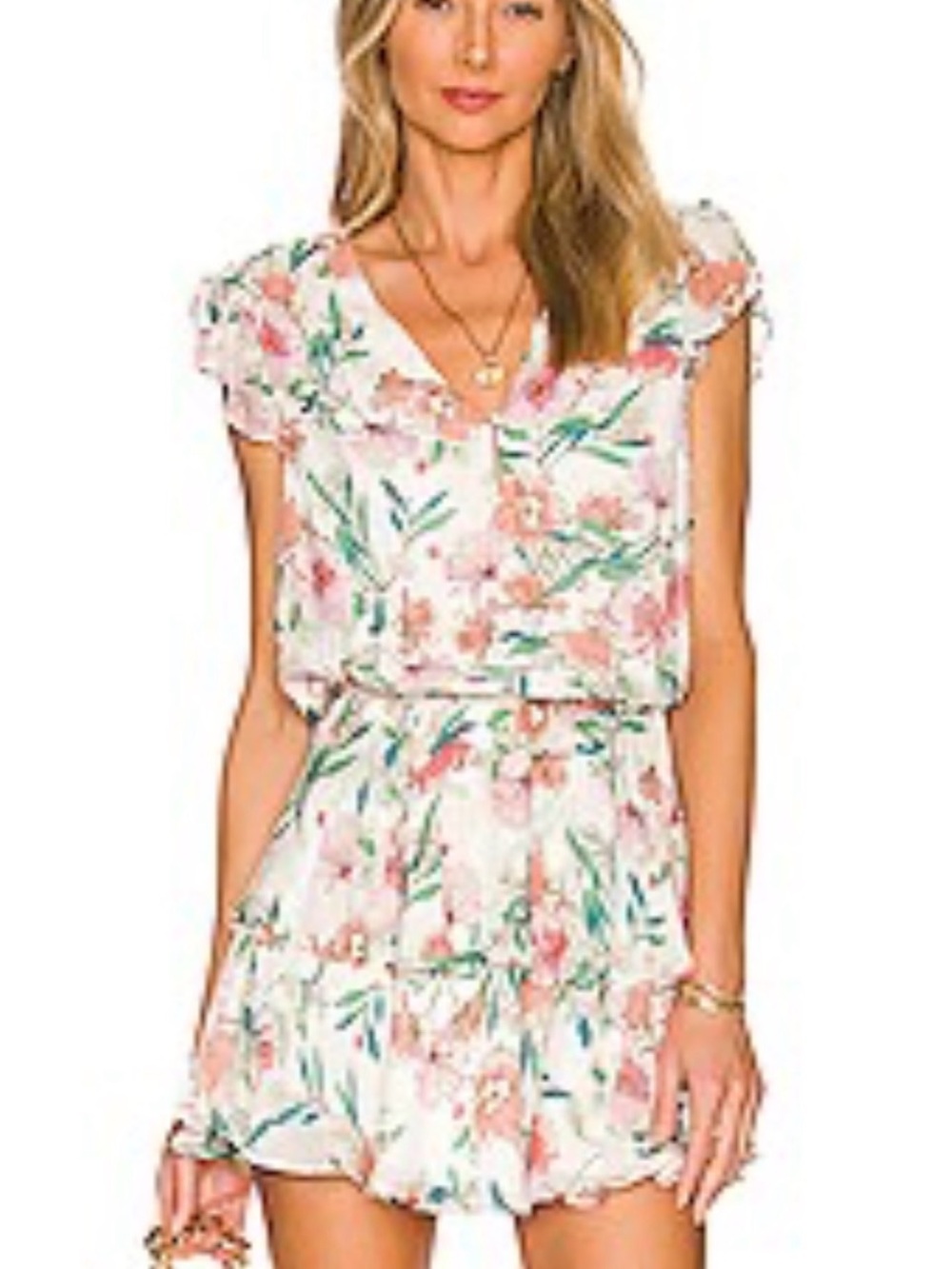 Yumi Kim Pink and Green Floral Ruffle Mini Dress